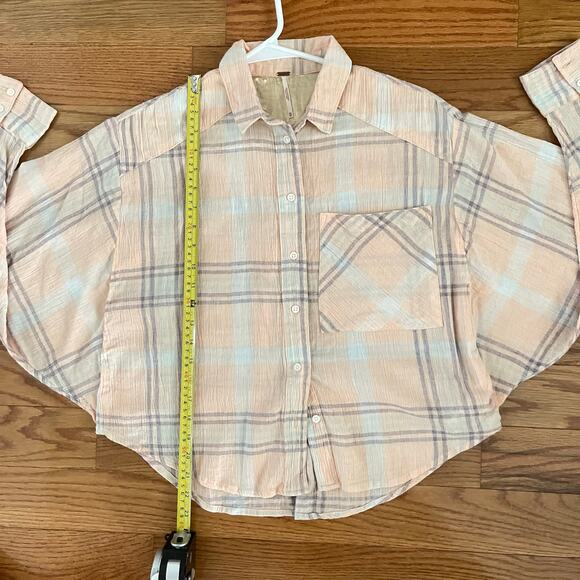 Free People Cutie Plaid Button-Up Shirt Womens XS Peachy Casual Cropped Top - Picture 8 of 8